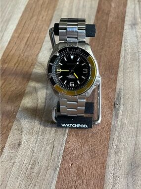 Stainless Steel Watch with Black Dial and Yellow Accent